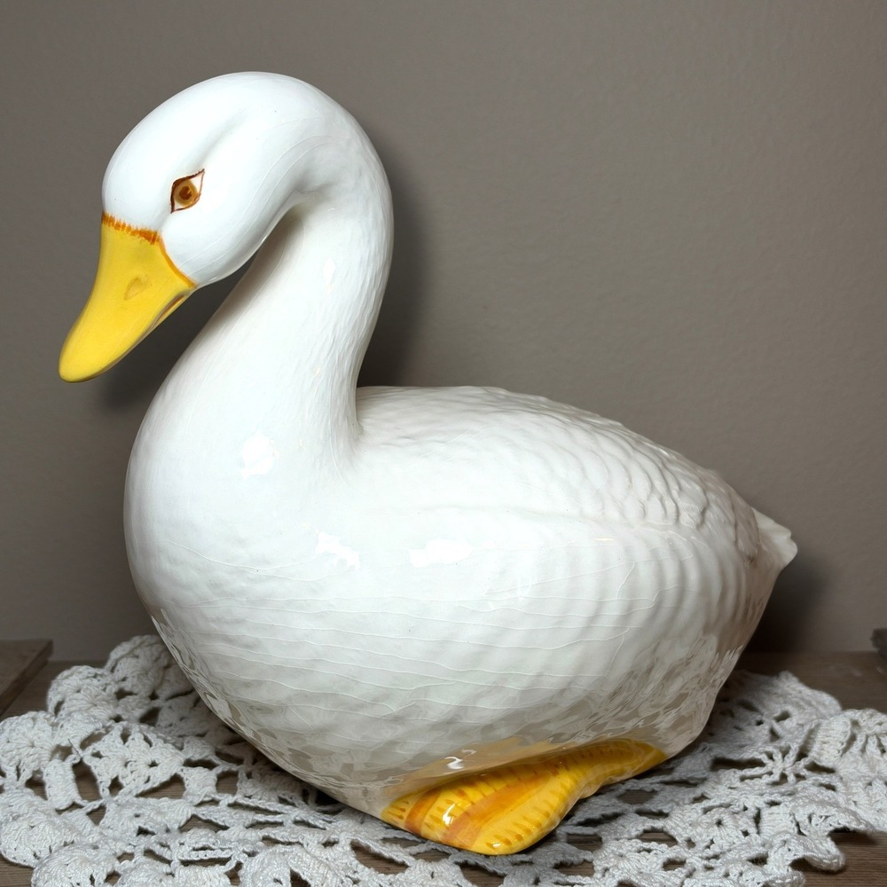 Cottagecore Goose Figurine 12" Large White Ceramic 1985 Yellow Feet Vintage